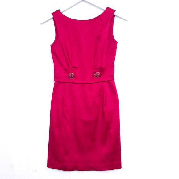 Kay Unger Hot Pink Cocktail Dress Sz 4 Satin Sleeveless Short Sheath Party Silk - Picture 1 of 12